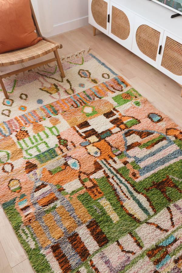 Colorful Moroccan rug, green and orange wool