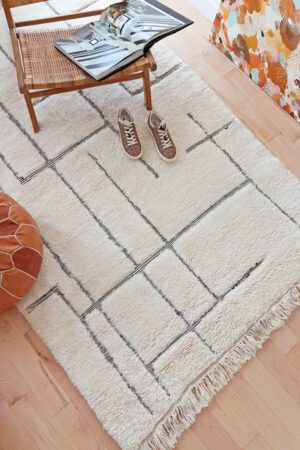 Moroccan rug, modern, minimalist, white wool, black lines